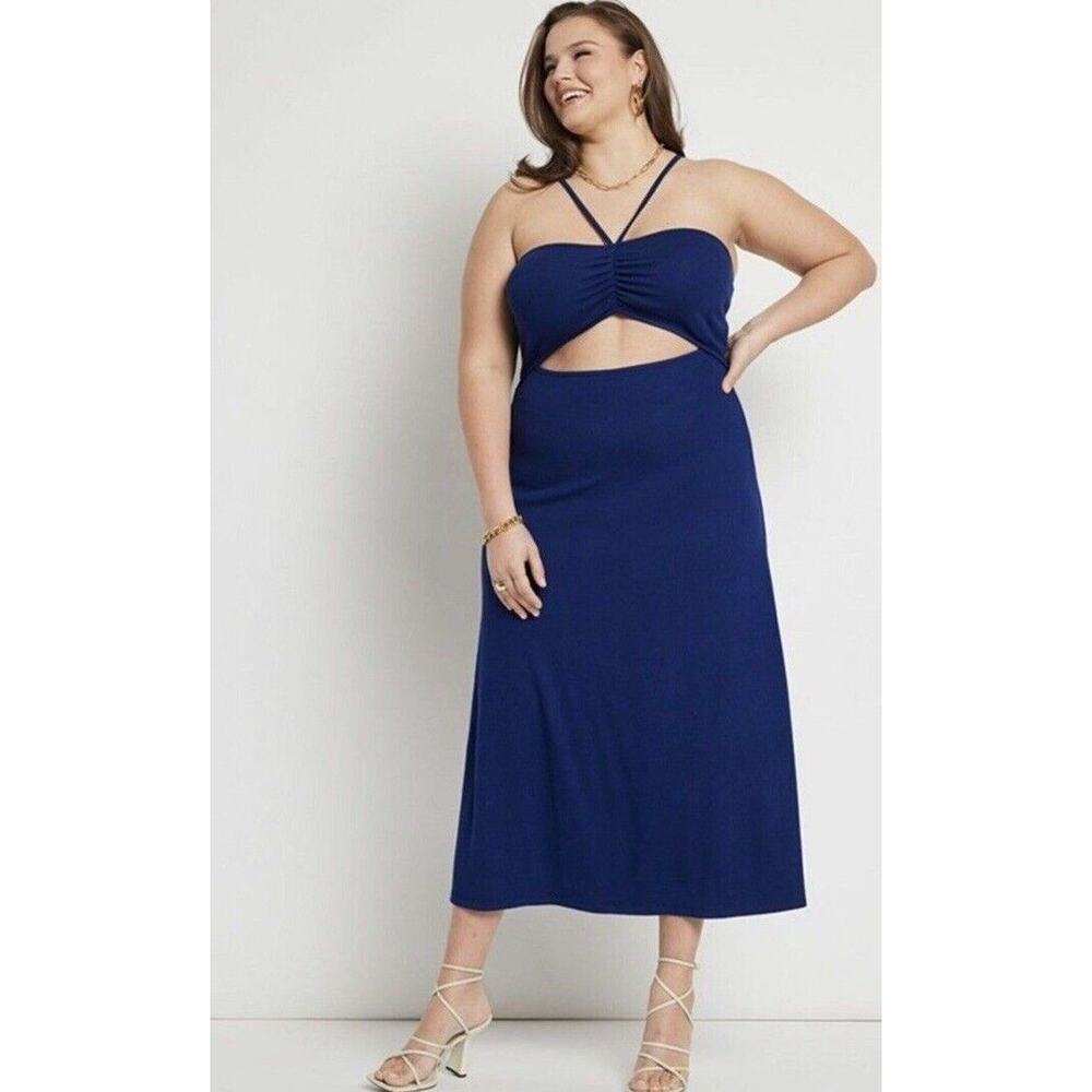 New Eloquii Womans Sz 22/24 Plus Dress Ribbed Halter Neck Stretch Blue NWT